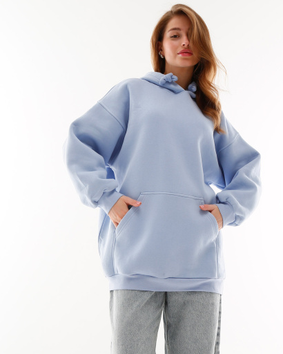 Женский голубой худи оверсайз на флисе 53322, Цвет: Голубой, Размер: L, изображение 2