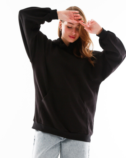 Женский черный худи оверсайз на флисе 53327, Цвет: Черный, Размер: XS, изображение 2